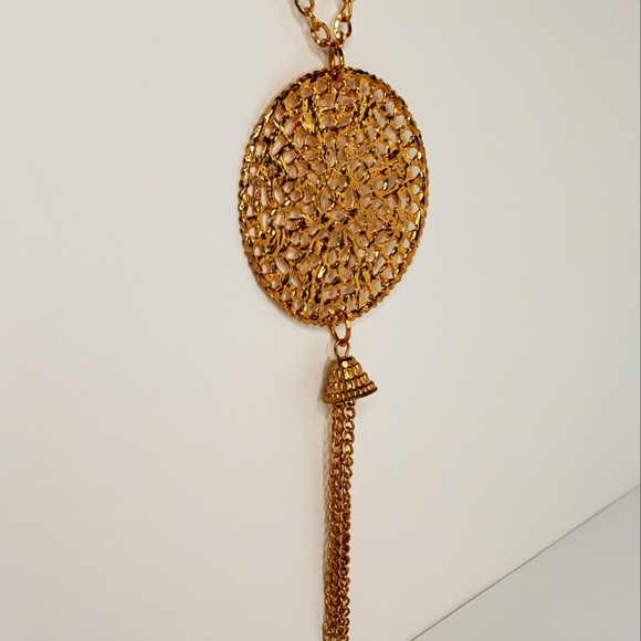 Medallion Pendant With Chain Tassel on a Gold Tone Chain - Picture 2 of 5